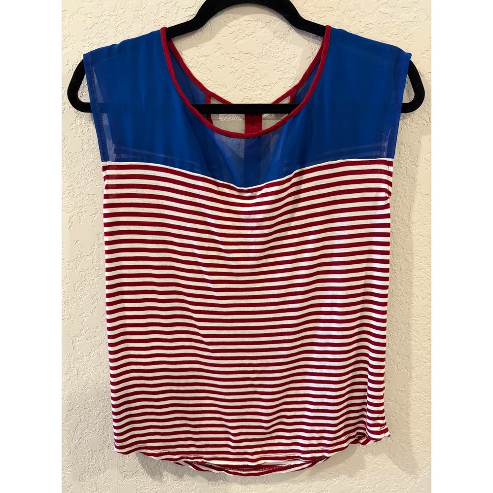 Red White Blue Striped Sleeveless Top Sheer Mesh Yoke Americana Small